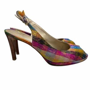 Stuart Weitzman Peep Toe Slingback Heels with Metallic Plaid Pattern